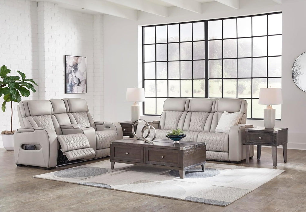 Signature Design by Ashley Boyington Contemporary Leather Match Power Reclining Sofa with USB Charging Ports, LED Lights and Adjustable Headrest, Light Gray