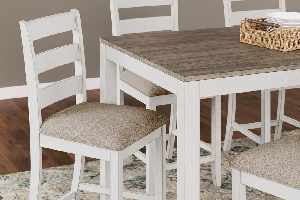 Signature Design by Ashley Skempton 7-Piece Counter Height Dining Table Set for 6, Solid Wood Frames and Acacia Veneer, Cushioned Bar Stools, White and Light Brown