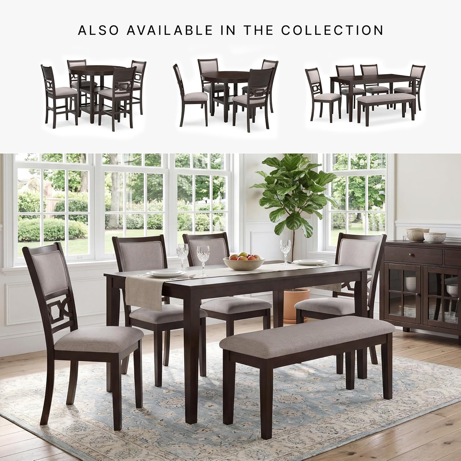 Signature Design by Ashley Langwest Dining Table Set for 6, Transitional 6-Piece Wood Kitchen Table and Chairs Set with Bench, Cushioned Seats, Cherry Brown