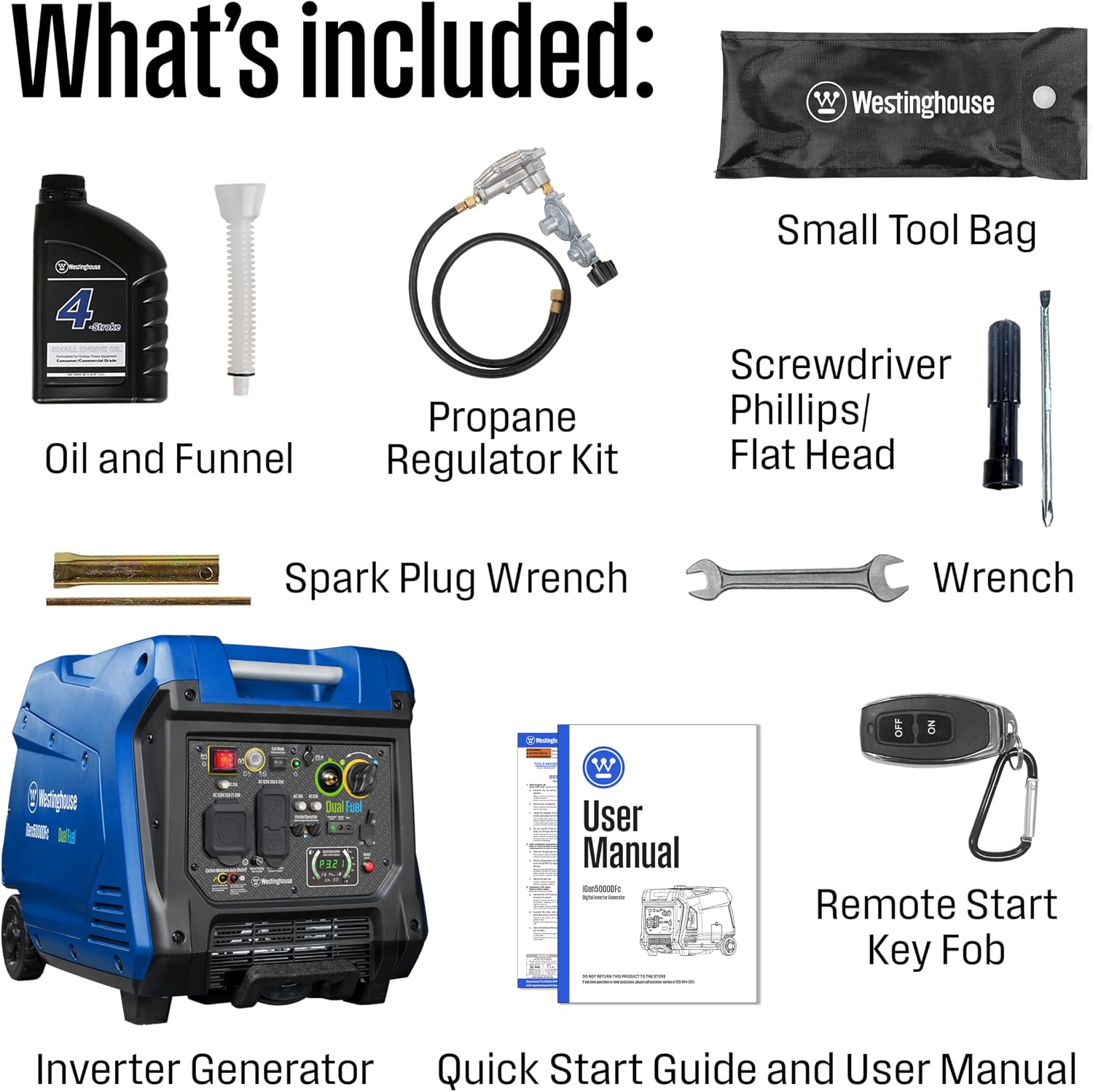 Westinghouse 5000 Peak Watt Super Quiet Dual Fuel Portable Inverter Generator, Remote Electric Start, Gas & Propane Powered, RV Ready, CO Sensor, Parallel Capable