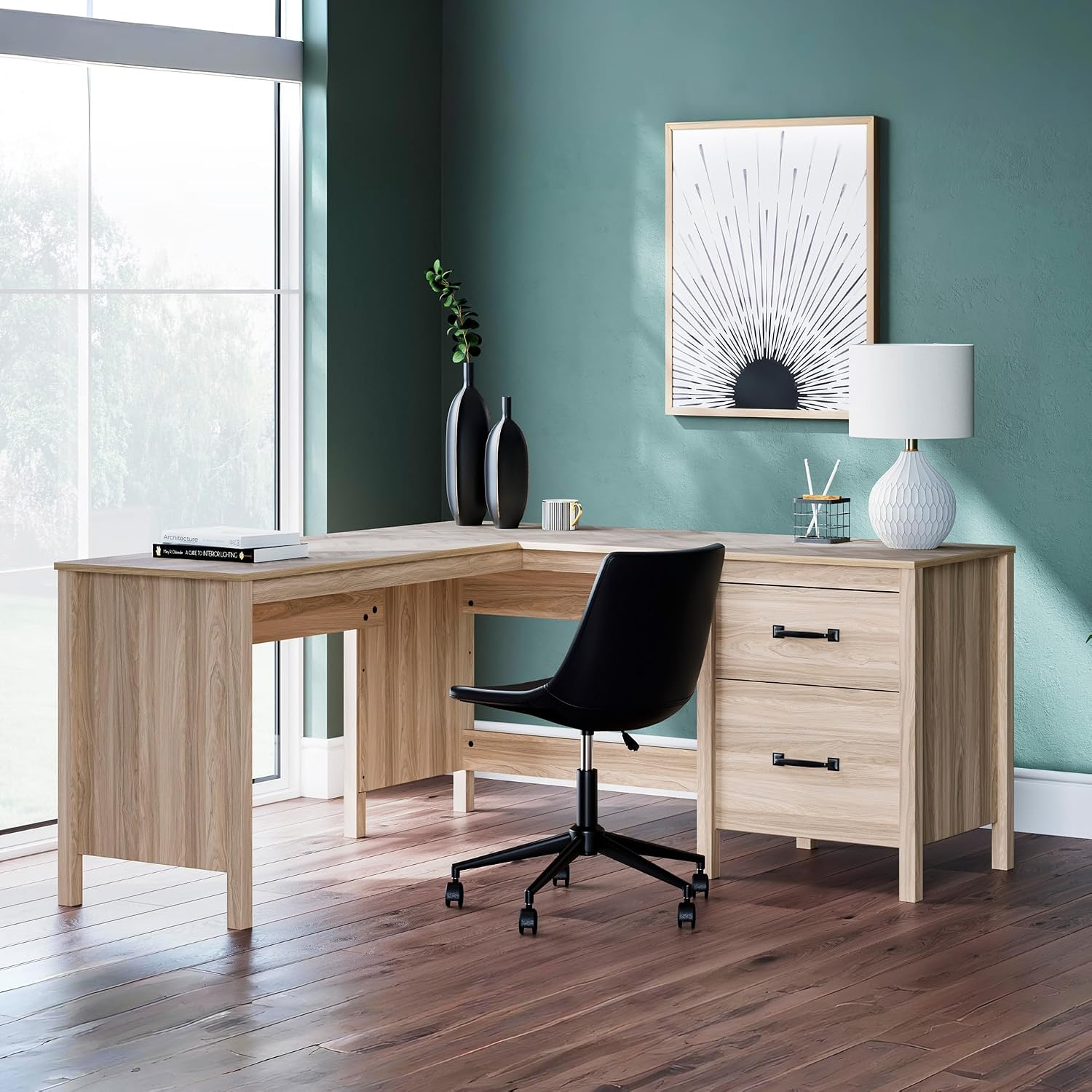 Signature Design by Ashley Battelle Scandinavian 60" Home Office Desk with Return, Drawer and Cabinet, Light Brown