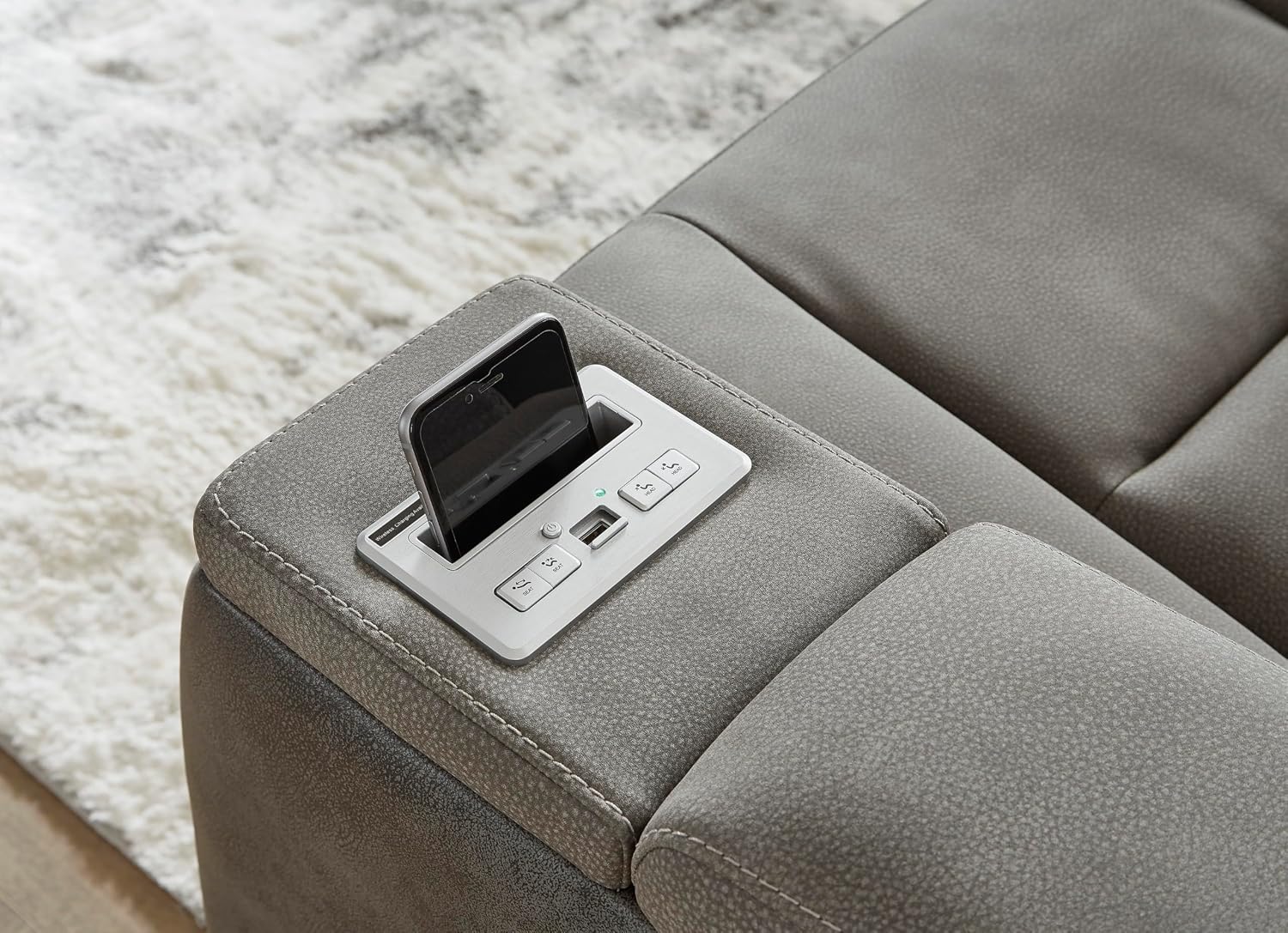 Signature Design by Ashley Next-Gen DuraPella Power Recliner with Adjustable Headrest, Storage Armrests, Wireless & USB Charging, Faux Leather, 2-Tone Gray