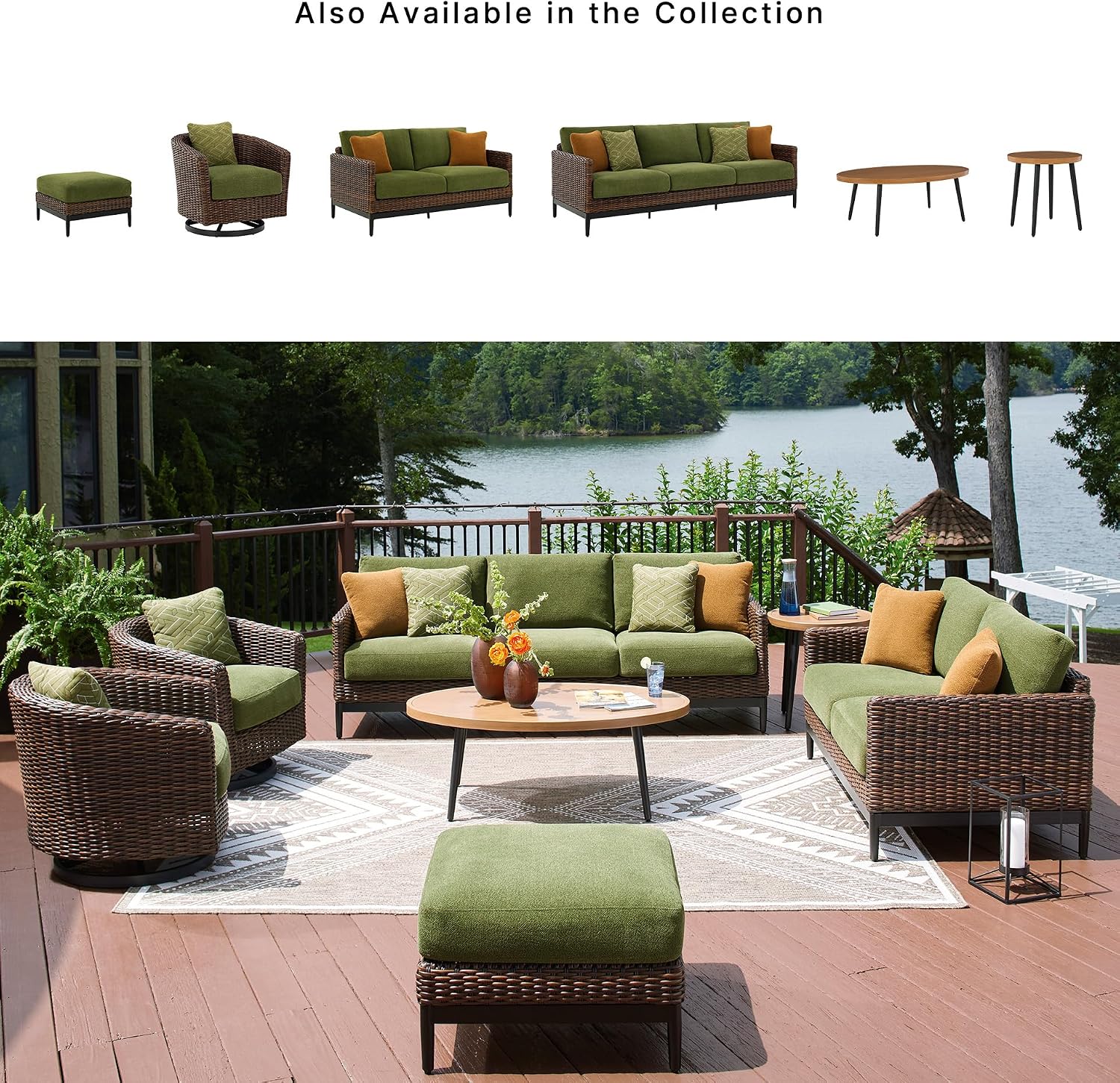 Ashley Horizon Hall Outdoor Loveseat with Cushion, UV-Resistant Nuvella Fabric, Resin Wicker & Aluminum Frame, Ideal for Deck or Lanai Furniture, Brown/Green