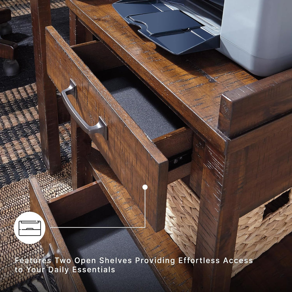 Signature Design by Ashley Baldridge Office Printer Stand, Storage, Electrical Outlets, USB Charing Ports, Wood, 21" W x 18" D x 24.63" H, Brown