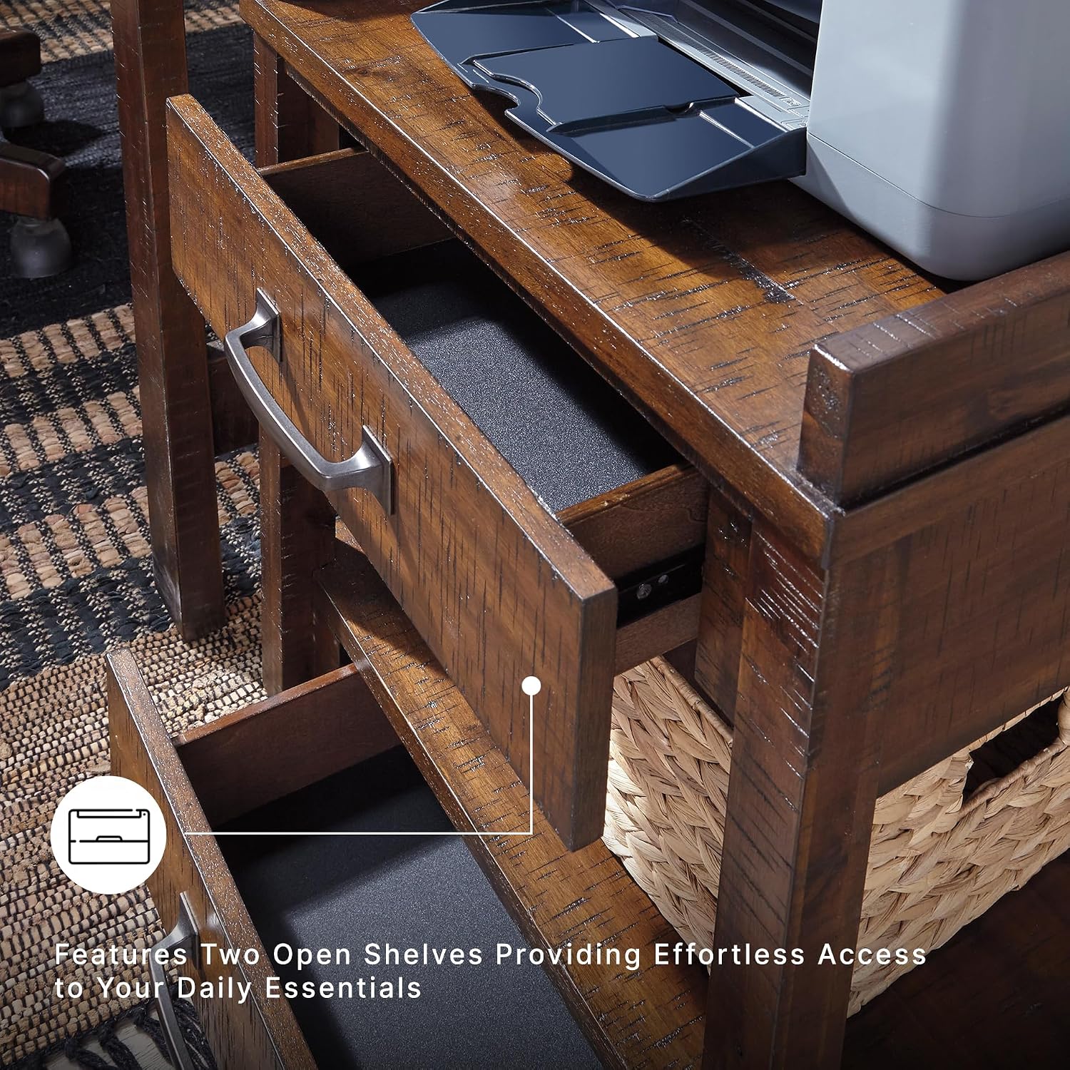 Signature Design by Ashley Baldridge Office Printer Stand, Storage, Electrical Outlets, USB Charing Ports, Wood, 21" W x 18" D x 24.63" H, Brown