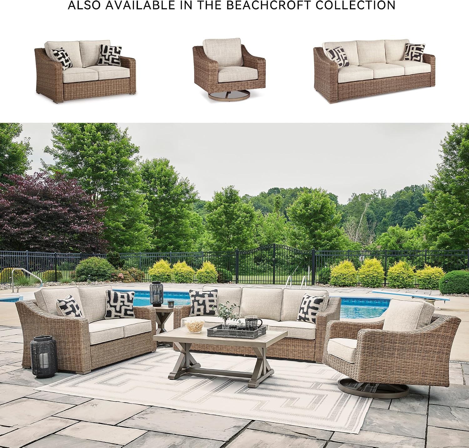 Signature Design by Ashley Beachcroft Outdoor Loveseat with High-Performance Nuvella Cushions, Resin Wicker on Rust-Resistant Aluminum Frame for Patio Seating, Beige
