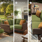 Ashley Horizon Hall Outdoor Loveseat with Cushion, UV-Resistant Nuvella Fabric, Resin Wicker & Aluminum Frame, Ideal for Deck or Lanai Furniture, Brown/Green
