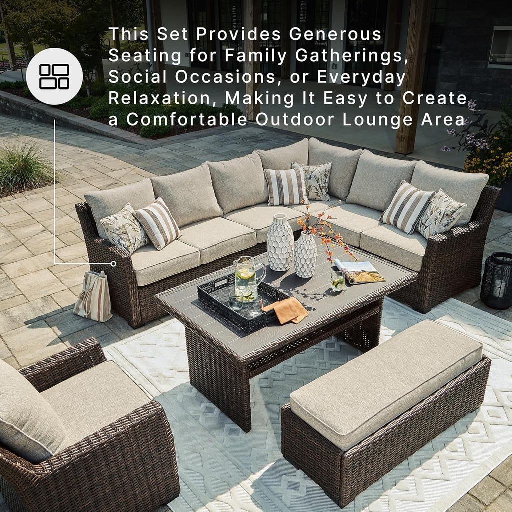 Signature Design by Ashley Brook Ranch Outdoor Sectional, 3-Piece Patio Furniture Set with Rust-Free Aluminum Frame, L Shaped Resin Wicker Couch and Bench for Backyard Entertaining, Beige & Brown