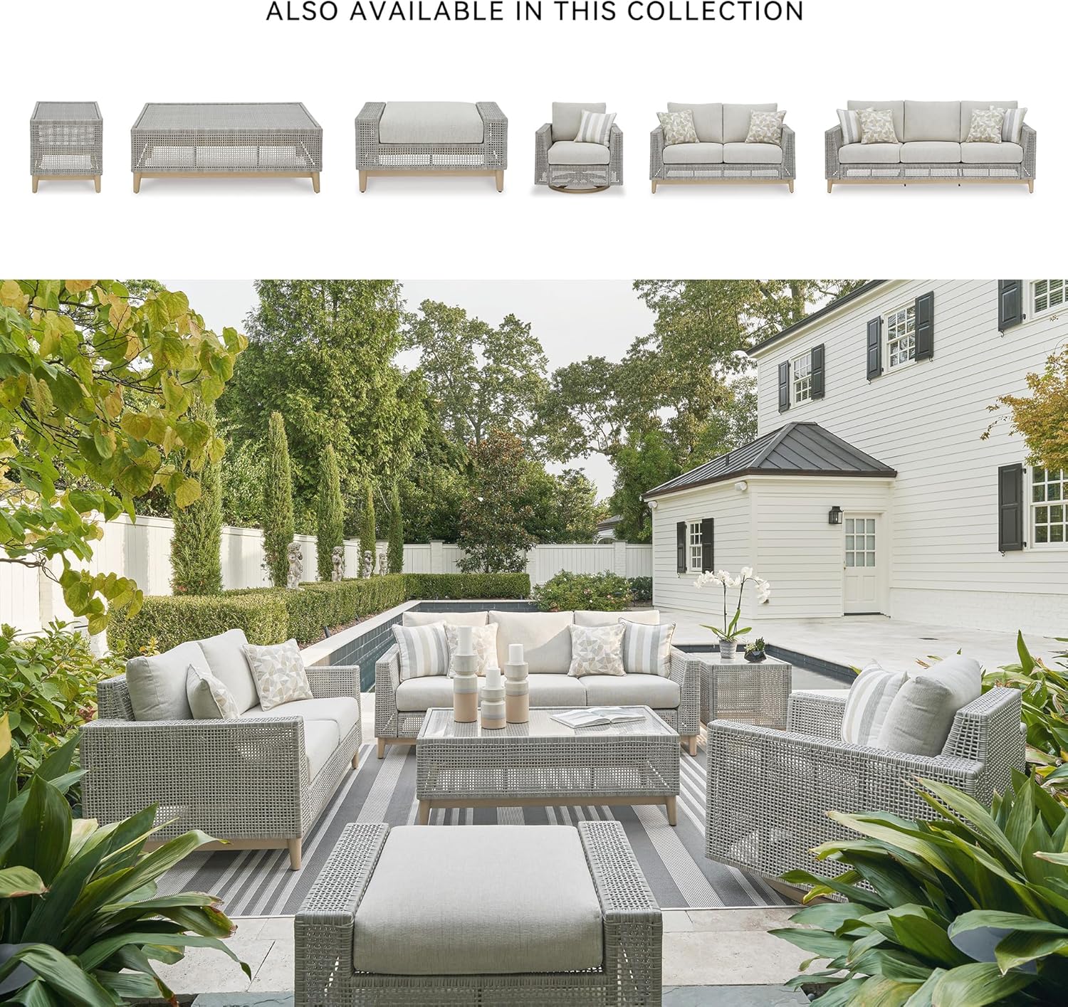 Signature Design by Ashley Aluminum Frame Outdoor Ottoman with Cushion, Seton Creek, High-Performance Nuvella Fabric, Seating for Patio Lounge Areas, Light Gray & Light Brown