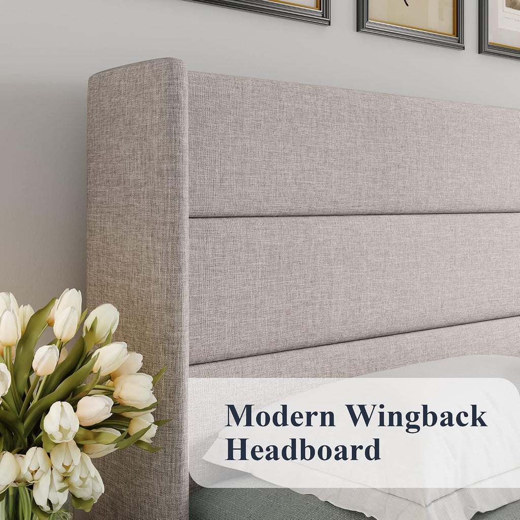 Allewie Queen Size Lift Up Storage Bed, Modern Wingback Headboard, Hydraulic Support, No Box Spring Needed, Light Beige