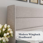 Allewie Queen Size Lift Up Storage Bed, Modern Wingback Headboard, Hydraulic Support, No Box Spring Needed, Light Beige