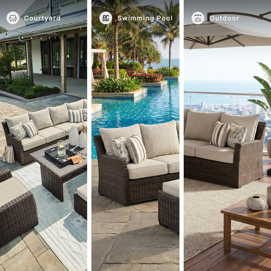 Signature Design by Ashley Brook Ranch Outdoor Sectional, 3-Piece Patio Furniture Set with Rust-Free Aluminum Frame, L Shaped Resin Wicker Couch and Bench for Backyard Entertaining, Beige & Brown