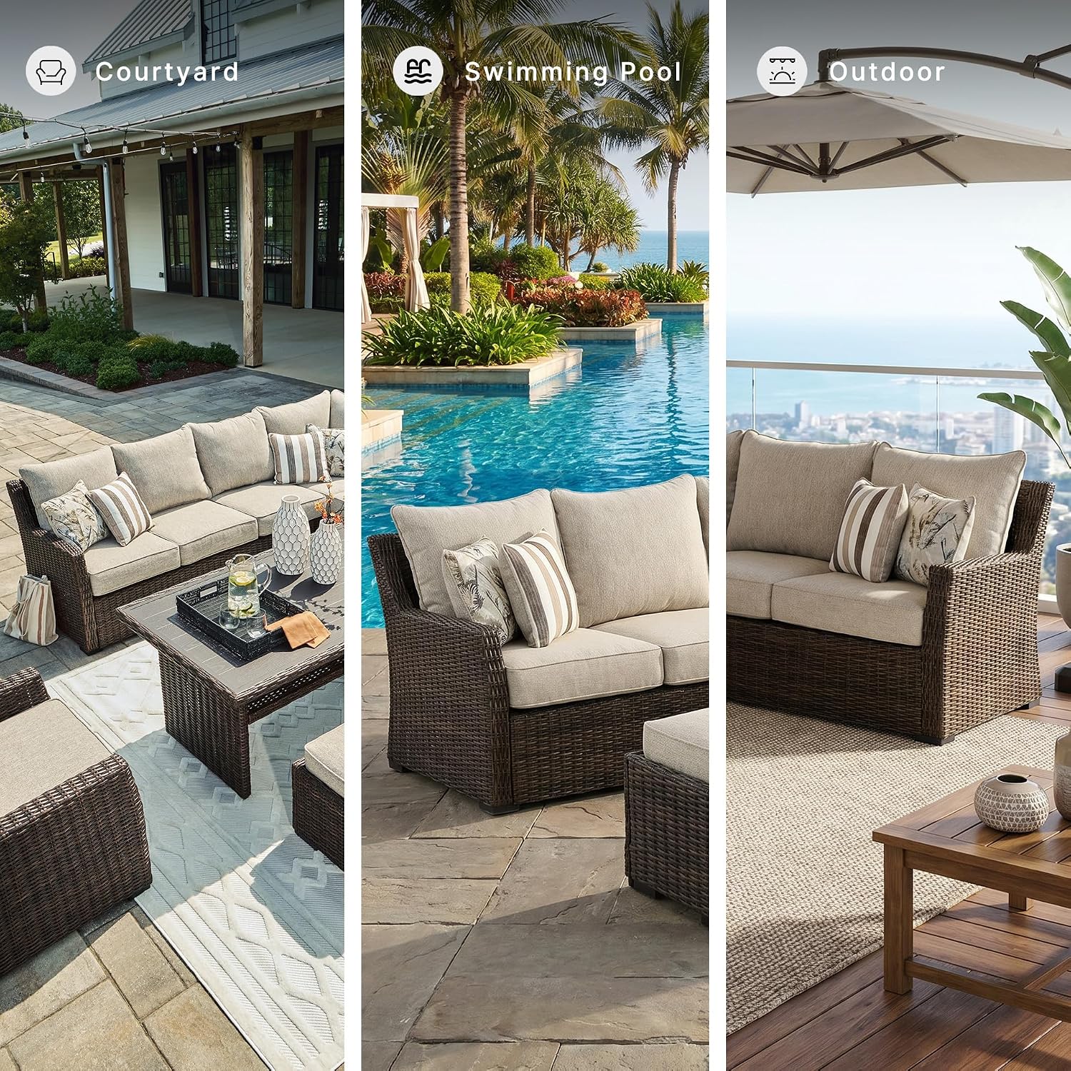Signature Design by Ashley Brook Ranch Outdoor Sectional, 3-Piece Patio Furniture Set with Rust-Free Aluminum Frame, L Shaped Resin Wicker Couch and Bench for Backyard Entertaining, Beige & Brown