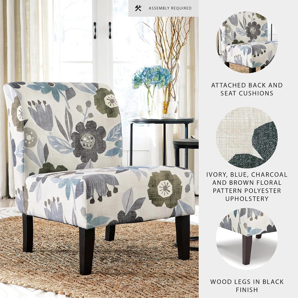 Signature Design by Ashley Triptis Floral Armless Accent Chair with Attached Cushions, Fabric Upholstery, Wood Legs, 16.63" Seat Height, White, Blue & Gray
