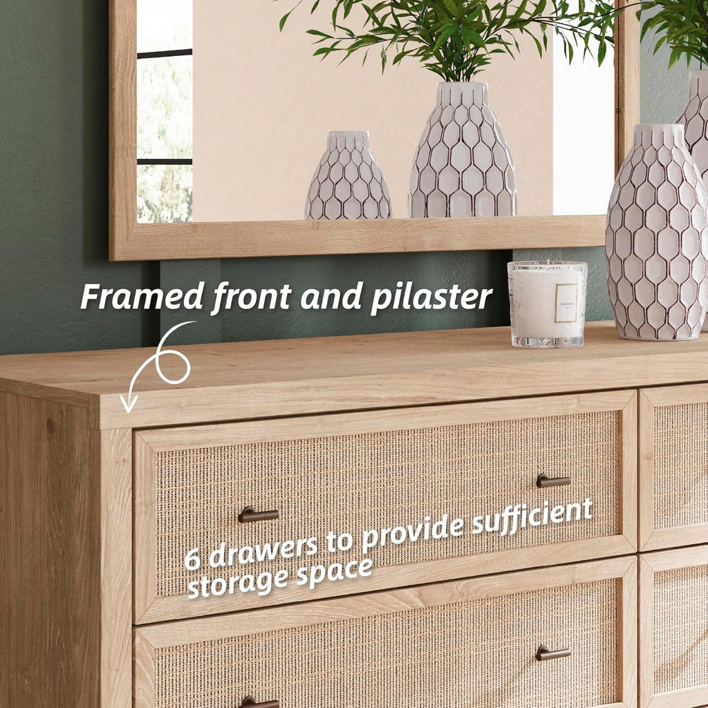 Signature Design by Ashley Cielden 6 Drawer Dresser, Quick 10-Minute Assembly, Textured Cane Details, Coastal Modern Bedroom Storage, Light Brown Two-Tone