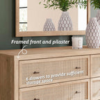 Signature Design by Ashley Cielden 6 Drawer Dresser, Quick 10-Minute Assembly, Textured Cane Details, Coastal Modern Bedroom Storage, Light Brown Two-Tone