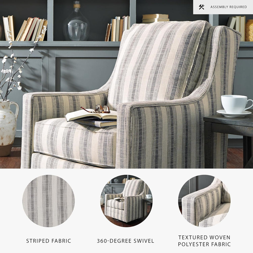 Signature Design by Ashley Swivel Glider Accent Chair Kambria, No Assembly Required, Polyester Linen Fabric, for Living Room, Ivory and Black Stripe, 30" W