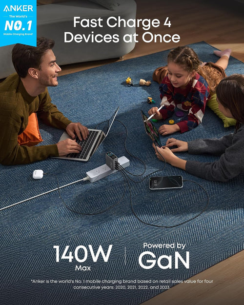 Anker 140W 4-Port GaN MacBook Charger, USB C Charger Block with Display | Fast Charger USB C Power Adapter with Touch Controls for Macbook,iPad,iPhone 17/16 Series (Include 5FT Cable,Non-Battery)