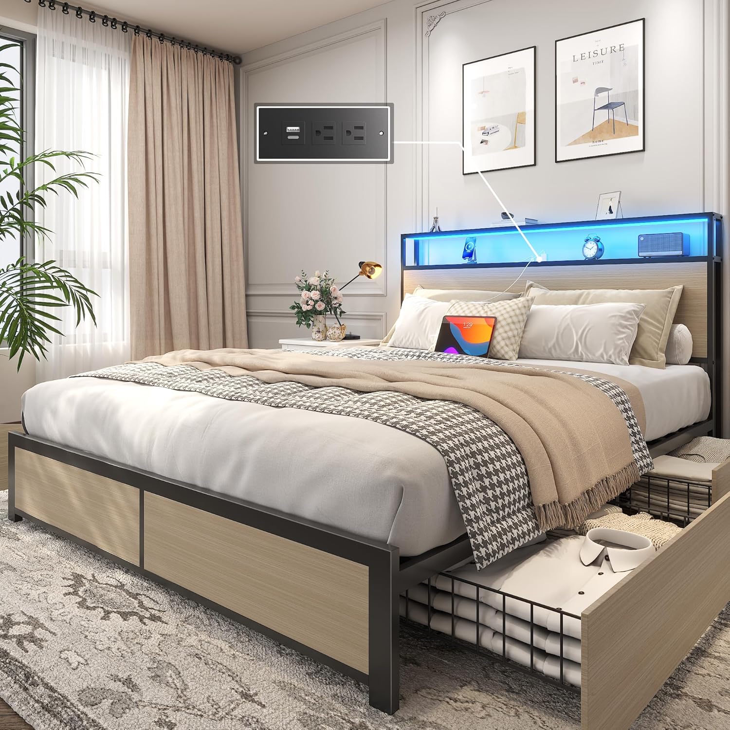 Lifezone Queen Bed Frame with 2-Tier Storage Headboard, Metal Platform Bed Frame with 4 Storage Drawers, Built in Charging Station & LED, Noise-Free/Metal Support/No Box Spring Needed, Vintage Brown