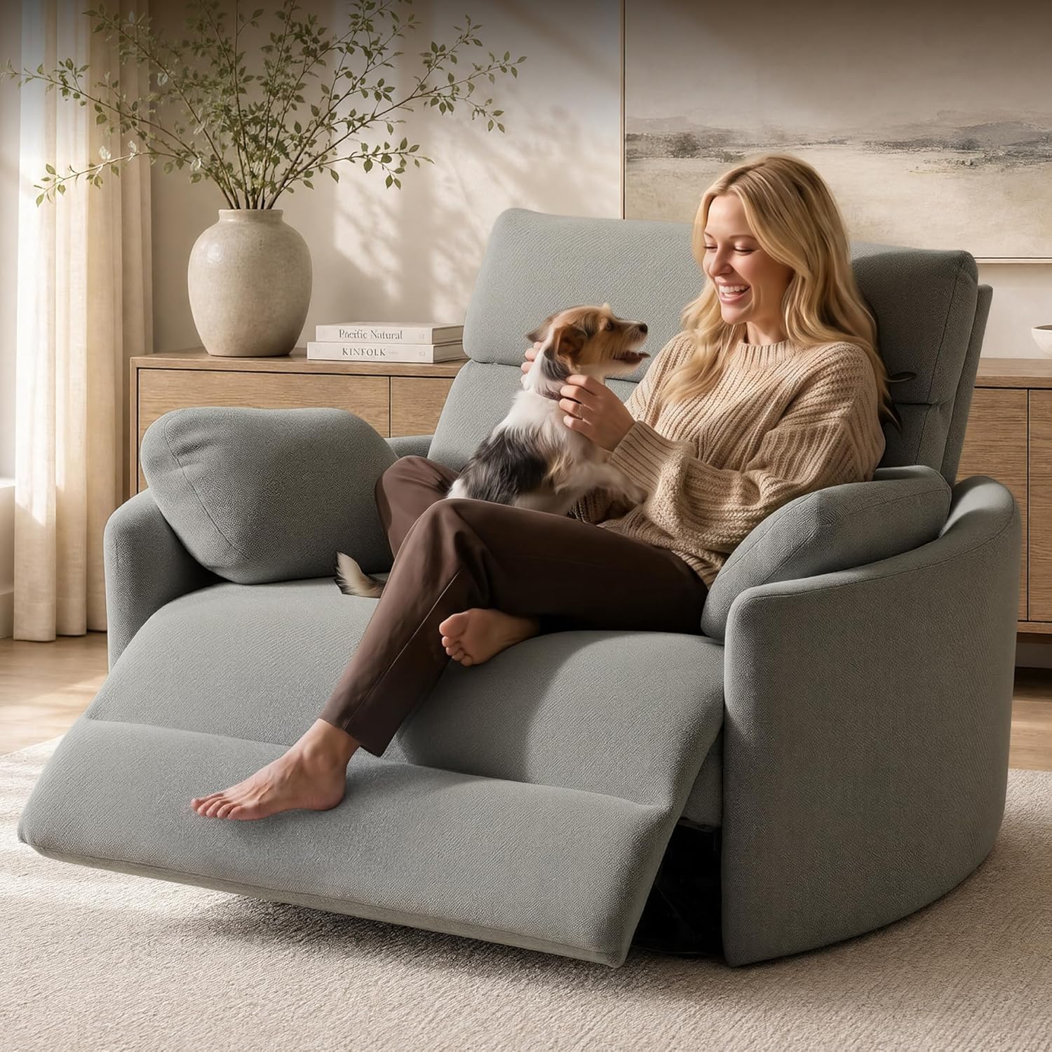FLEXISPOT Mochi Oversized 54" Power Recliner Chair for Big and Tall Adults, Chenille Fabric Electric Recliner with USB & Type-C Ports, Wide Single Sofa with Pillows for Living Room & Bedroom, Beige