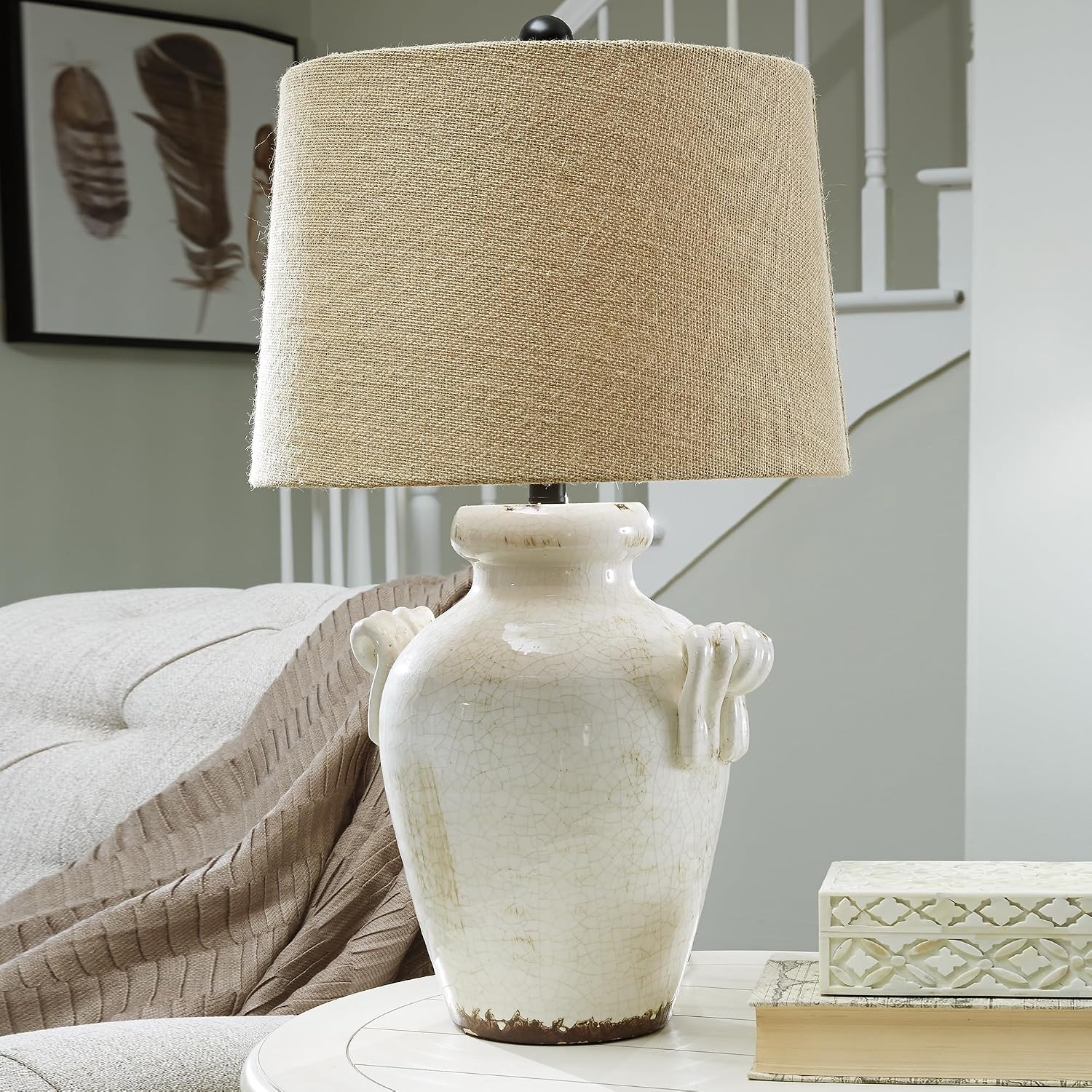 Signature Design by Ashley Emelda Casual Farmhouse Ceramic Table Lamp with Fabric Modified Drum Shade and 3-Way Switch, 27.25', Cream Glaze Crackle Finish