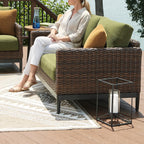 Ashley Horizon Hall Outdoor Loveseat with Cushion, UV-Resistant Nuvella Fabric, Resin Wicker & Aluminum Frame, Ideal for Deck or Lanai Furniture, Brown/Green