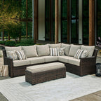 Signature Design by Ashley Brook Ranch Outdoor Sectional, 3-Piece Patio Furniture Set with Rust-Free Aluminum Frame, L Shaped Resin Wicker Couch and Bench for Backyard Entertaining, Beige & Brown