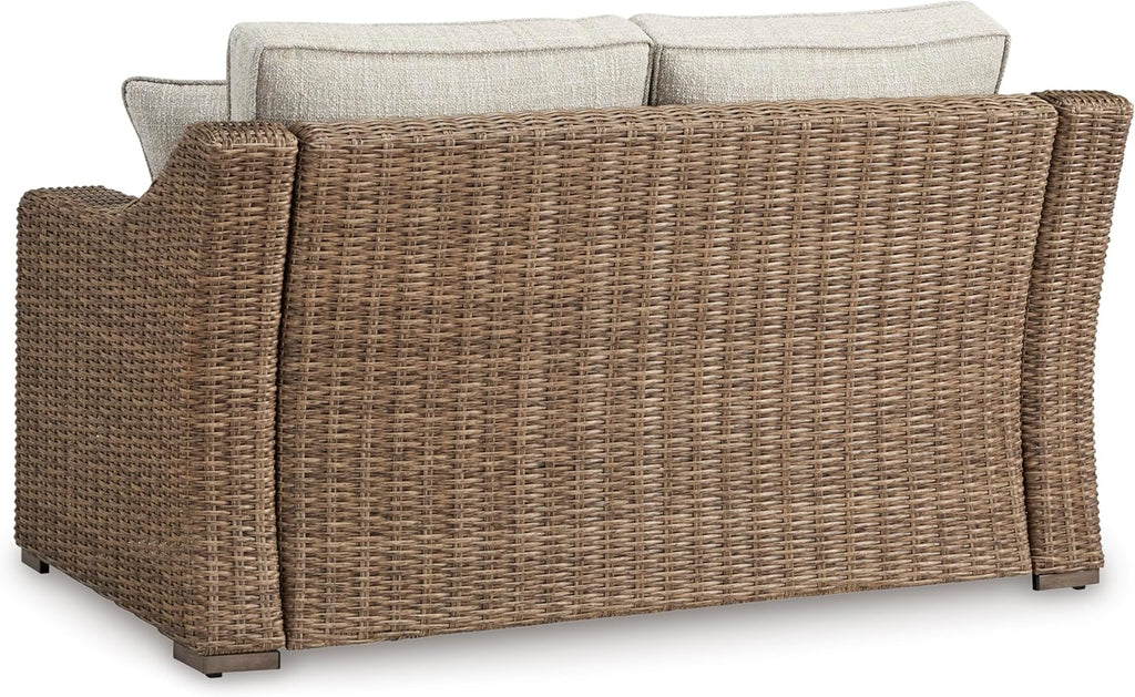 Signature Design by Ashley Beachcroft Outdoor Loveseat with High-Performance Nuvella Cushions, Resin Wicker on Rust-Resistant Aluminum Frame for Patio Seating, Beige