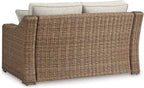 Signature Design by Ashley Beachcroft Outdoor Loveseat with High-Performance Nuvella Cushions, Resin Wicker on Rust-Resistant Aluminum Frame for Patio Seating, Beige