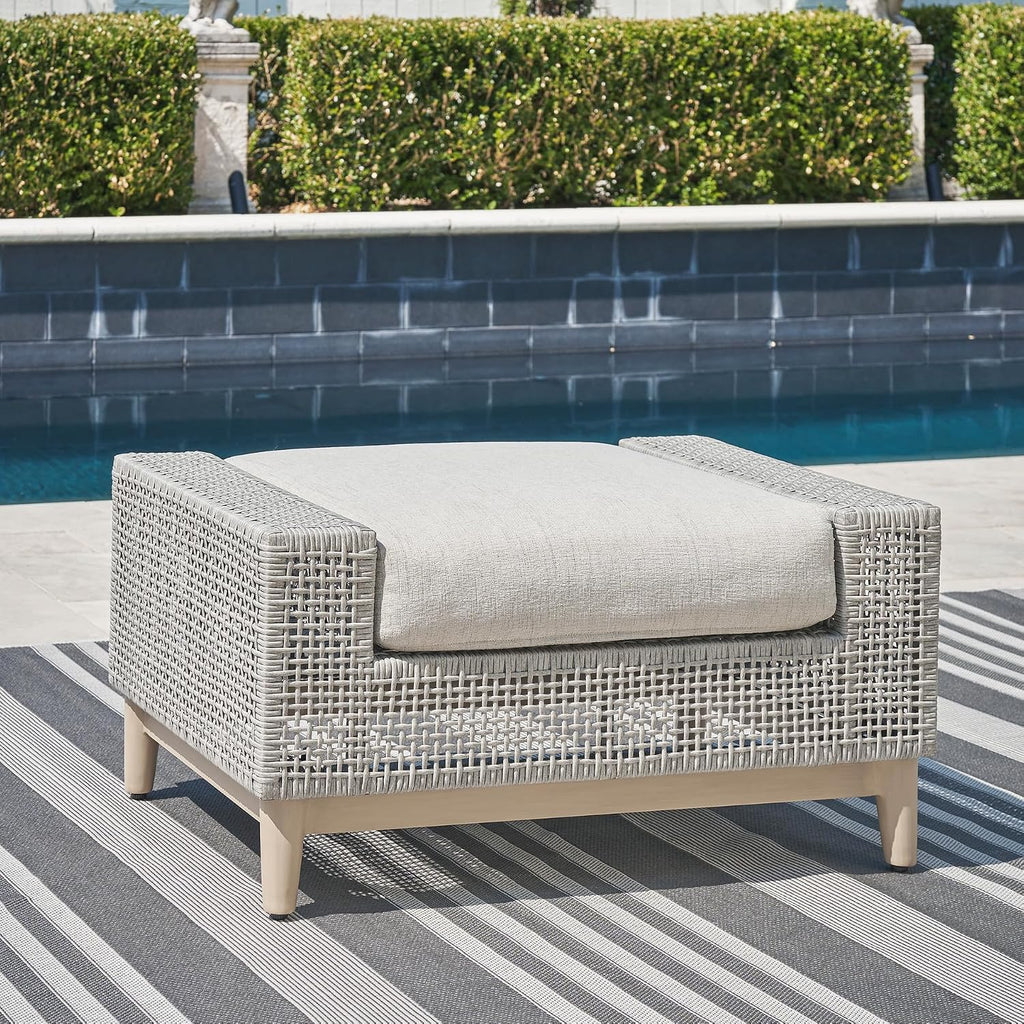 Signature Design by Ashley Aluminum Frame Outdoor Ottoman with Cushion, Seton Creek, High-Performance Nuvella Fabric, Seating for Patio Lounge Areas, Light Gray & Light Brown