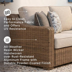 Signature Design by Ashley Carmel Bay Outdoor Sofa, Handwoven Resin Wicker Patio Couch, Rust-Resistant Aluminum Frame, 3-Seater for Backyard or Sunroom, Beige, 84" W