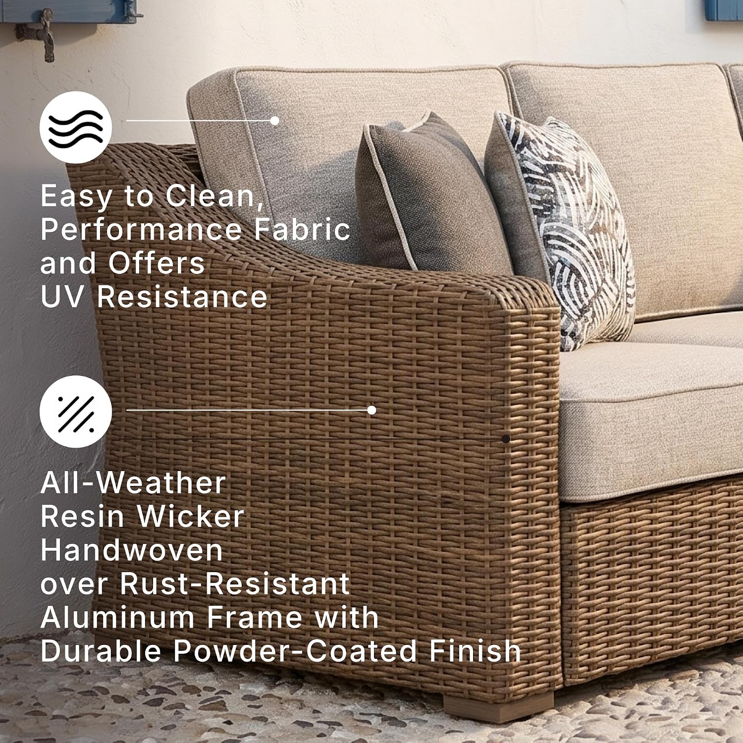 Signature Design by Ashley Carmel Bay Outdoor Sofa, Handwoven Resin Wicker Patio Couch, Rust-Resistant Aluminum Frame, 3-Seater for Backyard or Sunroom, Beige, 84" W