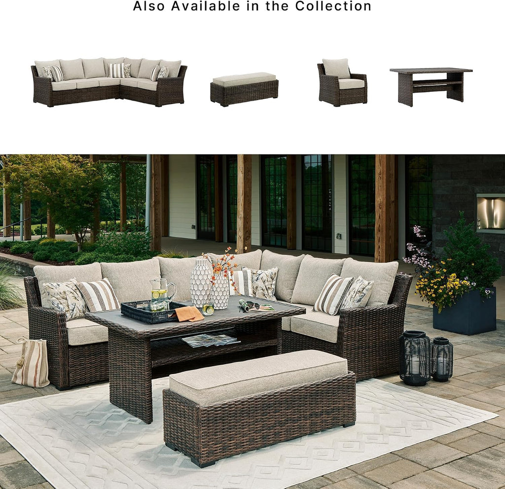 Signature Design by Ashley Brook Ranch Outdoor Sectional, 3-Piece Patio Furniture Set with Rust-Free Aluminum Frame, L Shaped Resin Wicker Couch and Bench for Backyard Entertaining, Beige & Brown