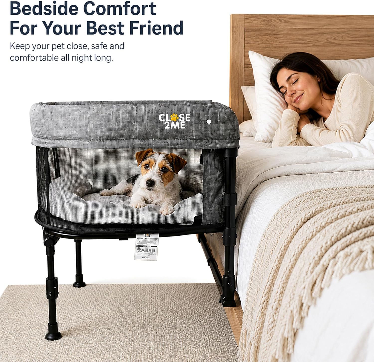 Englacha Close2Me Elevated Pet Bed - Bedside Mattress for Cats and Small Dogs - Comfortable, Cozy Design with Tool-Free Installation - Foldable for Easy Transport, Carry Bag Included