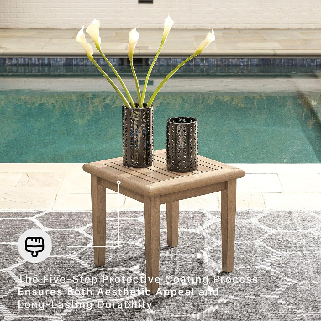 Signature Design by Ashley Gerianne Outdoor Square End Table with Slatting Styling and 5-Step Finishing Process, Eucalyptus Wood Frame, 22" High, Grayish Brown
