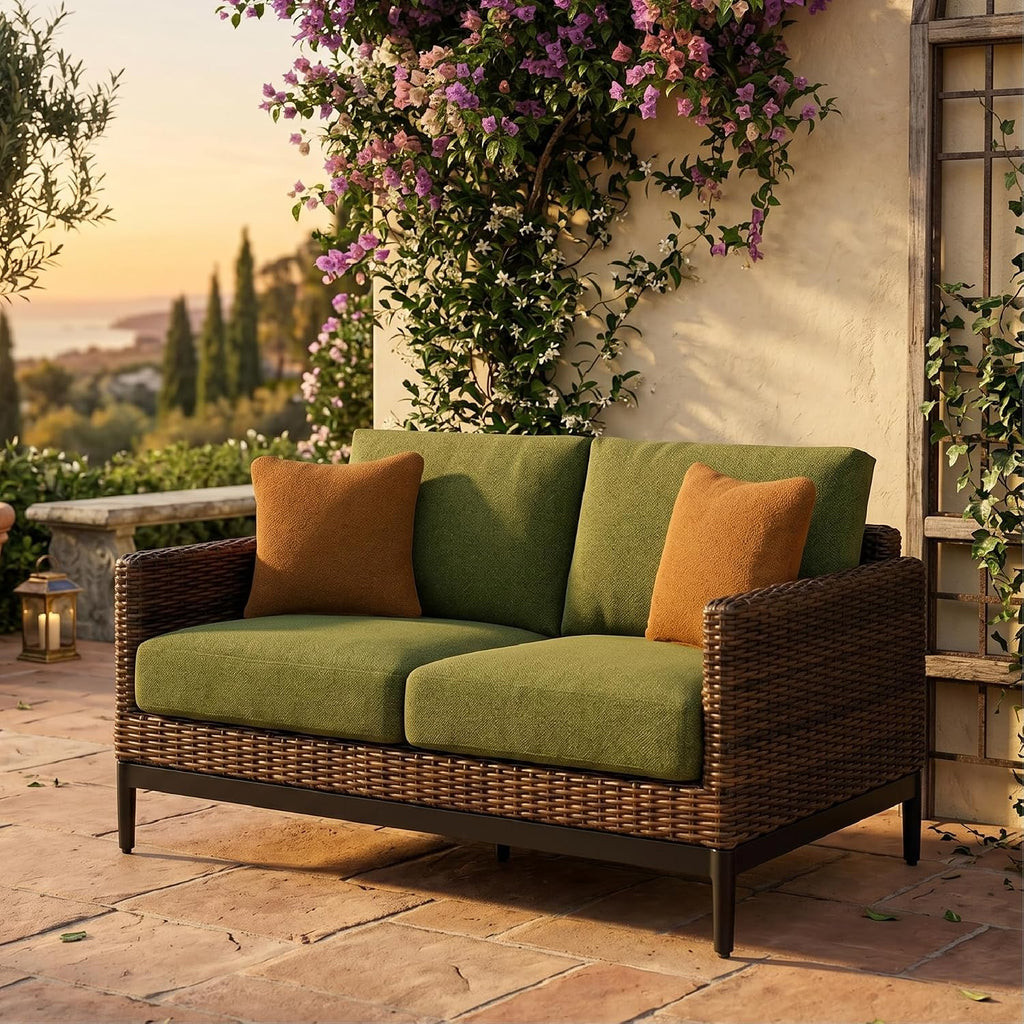 Ashley Horizon Hall Outdoor Loveseat with Cushion, UV-Resistant Nuvella Fabric, Resin Wicker & Aluminum Frame, Ideal for Deck or Lanai Furniture, Brown/Green