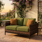 Ashley Horizon Hall Outdoor Loveseat with Cushion, UV-Resistant Nuvella Fabric, Resin Wicker & Aluminum Frame, Ideal for Deck or Lanai Furniture, Brown/Green