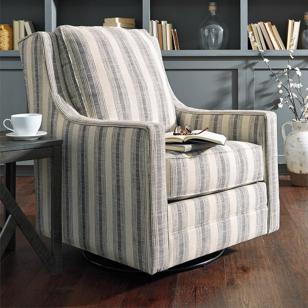 Signature Design by Ashley Swivel Glider Accent Chair Kambria, No Assembly Required, Polyester Linen Fabric, for Living Room, Ivory and Black Stripe, 30" W