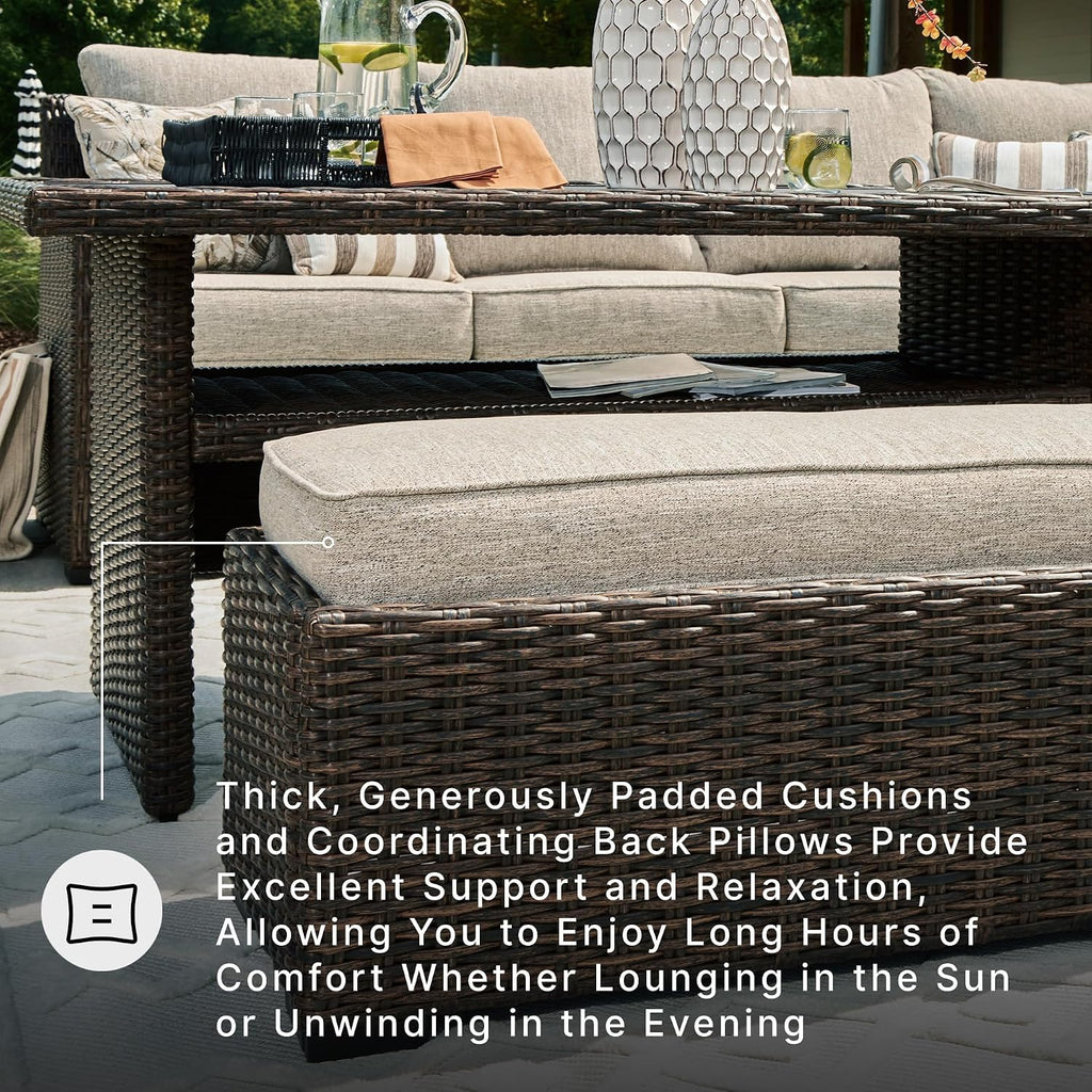 Signature Design by Ashley Brook Ranch Outdoor Sectional, 3-Piece Patio Furniture Set with Rust-Free Aluminum Frame, L Shaped Resin Wicker Couch and Bench for Backyard Entertaining, Beige & Brown