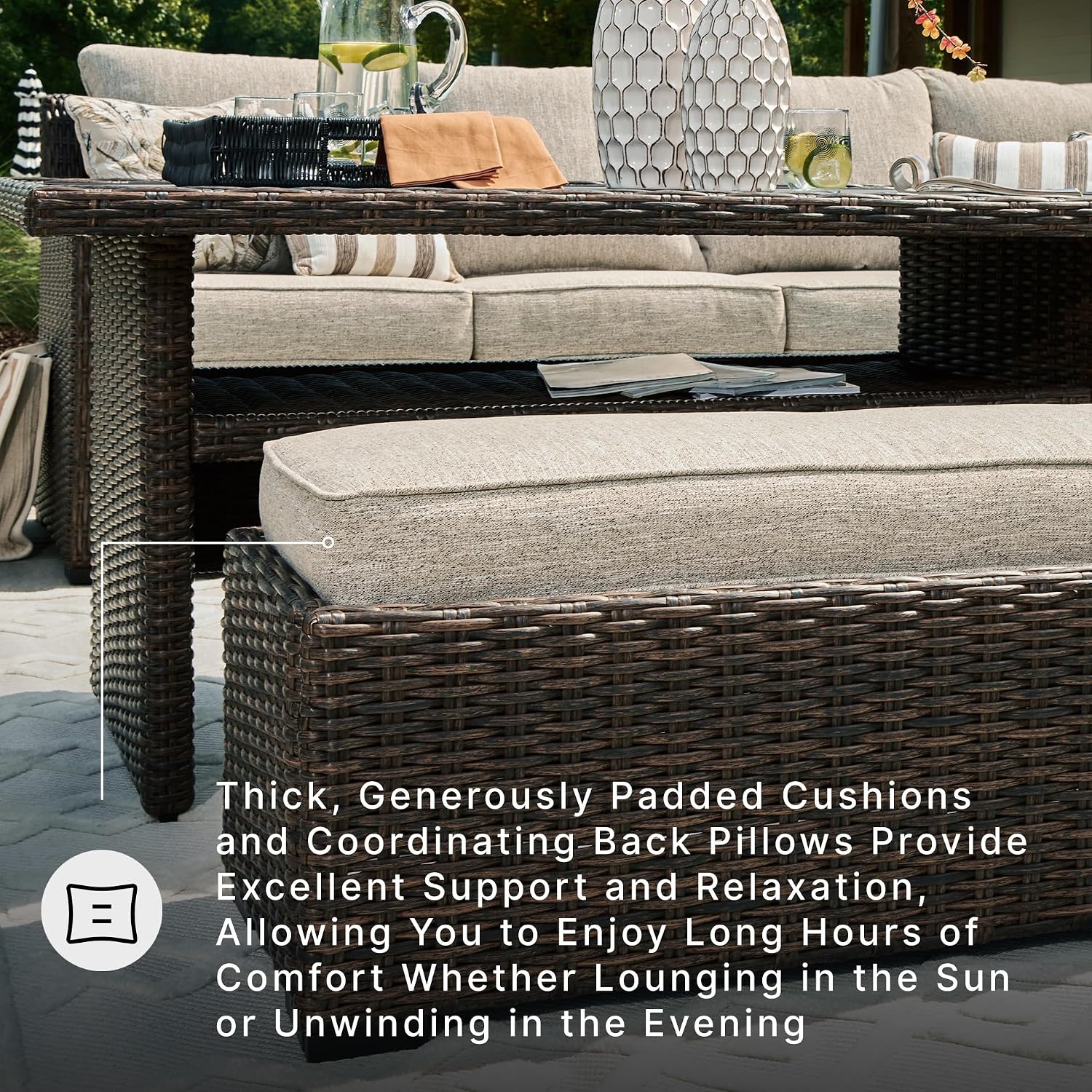 Signature Design by Ashley Brook Ranch Outdoor Sectional, 3-Piece Patio Furniture Set with Rust-Free Aluminum Frame, L Shaped Resin Wicker Couch and Bench for Backyard Entertaining, Beige & Brown