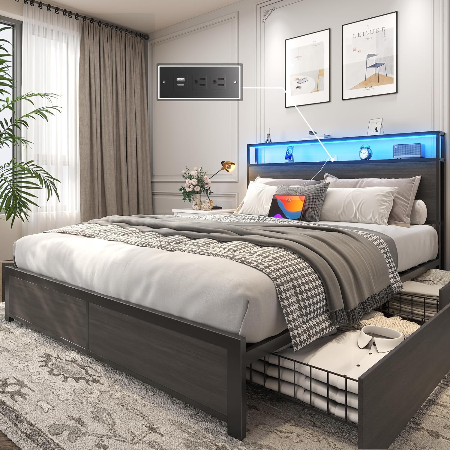 Lifezone Queen Bed Frame with 2-Tier Storage Headboard, Metal Platform Bed Frame with 4 Storage Drawers, Built in Charging Station & LED, Noise-Free/Metal Support/No Box Spring Needed, Vintage Brown