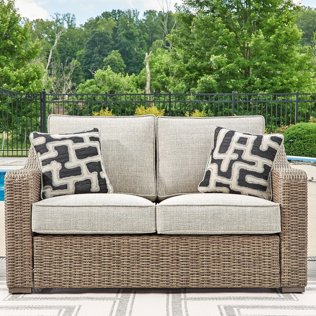 Signature Design by Ashley Beachcroft Outdoor Loveseat with High-Performance Nuvella Cushions, Resin Wicker on Rust-Resistant Aluminum Frame for Patio Seating, Beige