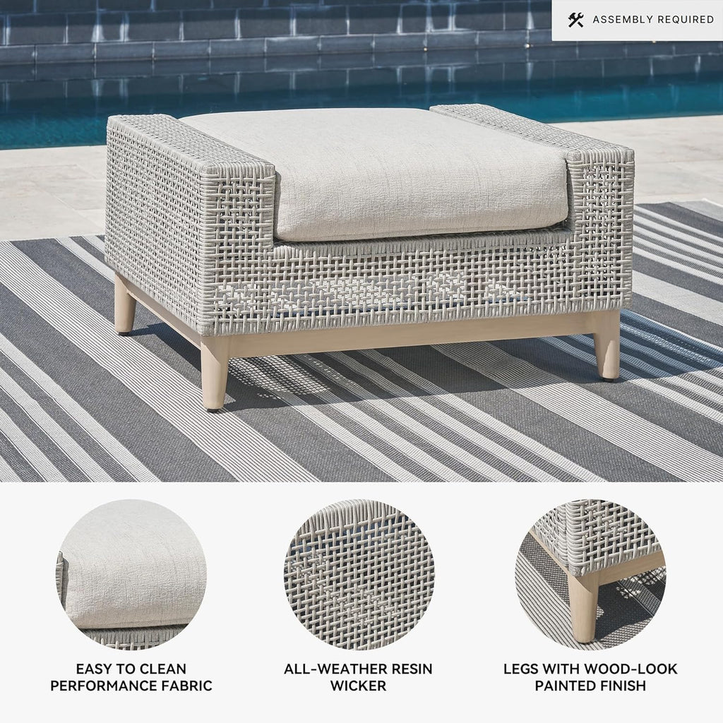 Signature Design by Ashley Aluminum Frame Outdoor Ottoman with Cushion, Seton Creek, High-Performance Nuvella Fabric, Seating for Patio Lounge Areas, Light Gray & Light Brown