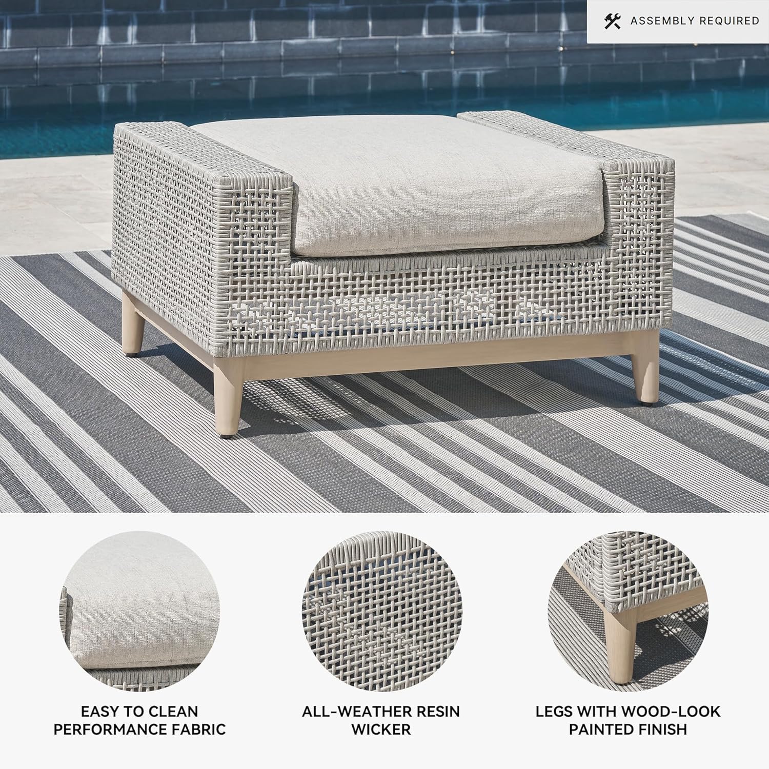 Signature Design by Ashley Aluminum Frame Outdoor Ottoman with Cushion, Seton Creek, High-Performance Nuvella Fabric, Seating for Patio Lounge Areas, Light Gray & Light Brown