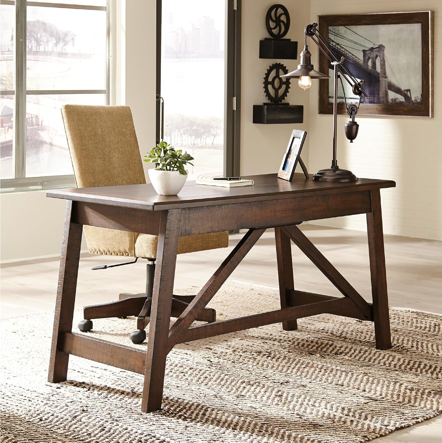 Signature Design by Ashley Baldridge Home Office Desk With Drawers, Rustic Industrial,Wood Construction, Smooth-Gliding Storage for Workspaces, Ideal for Home Offices, Brown