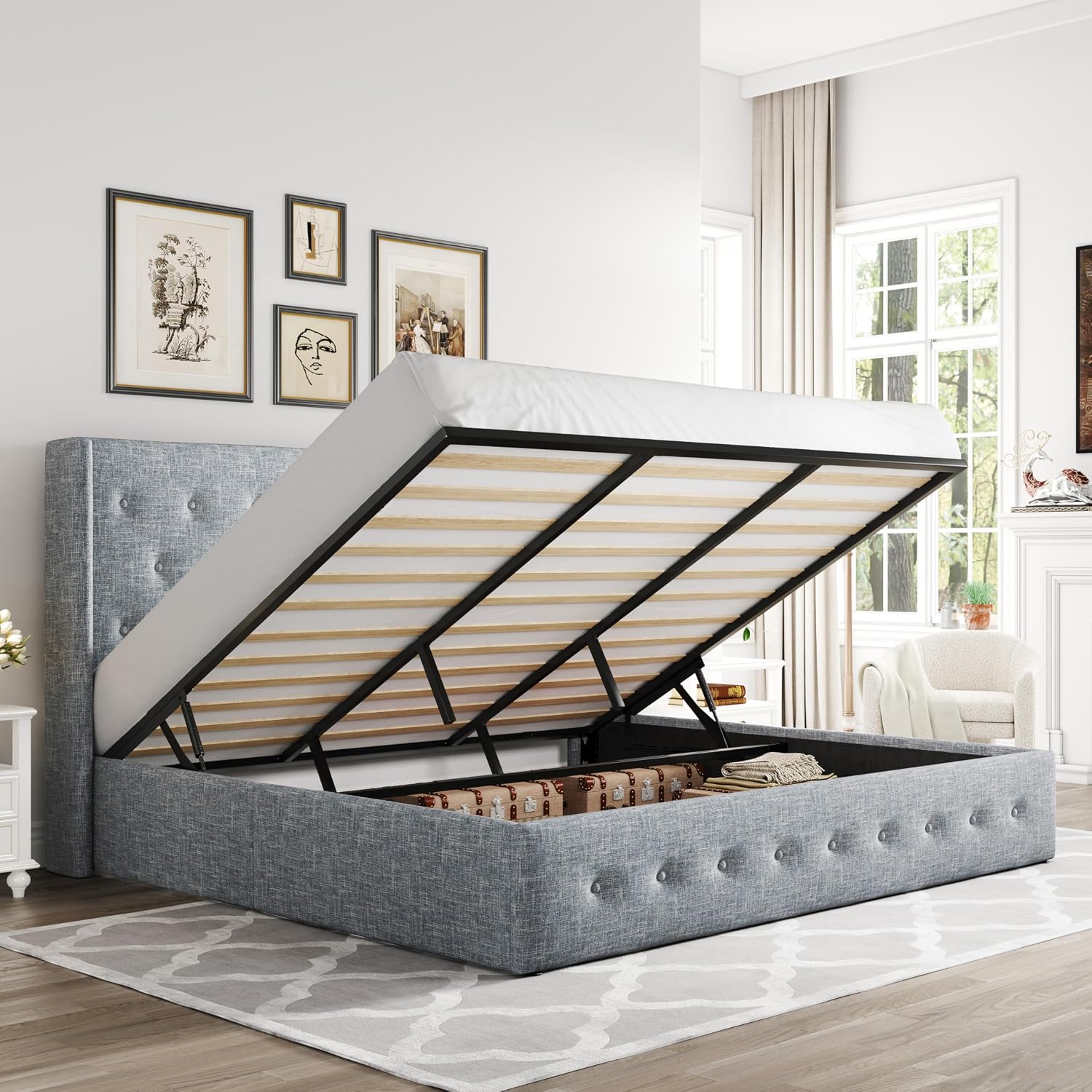 Allewie Queen Size Lift Up Storage Bed, Modern Wingback Headboard, Hydraulic Support, No Box Spring Needed, Light Beige