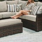 Signature Design by Ashley Brook Ranch Outdoor Sectional, 3-Piece Patio Furniture Set with Rust-Free Aluminum Frame, L Shaped Resin Wicker Couch and Bench for Backyard Entertaining, Beige & Brown