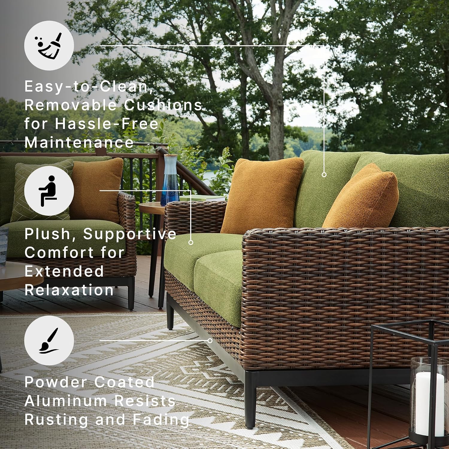 Ashley Horizon Hall Outdoor Loveseat with Cushion, UV-Resistant Nuvella Fabric, Resin Wicker & Aluminum Frame, Ideal for Deck or Lanai Furniture, Brown/Green