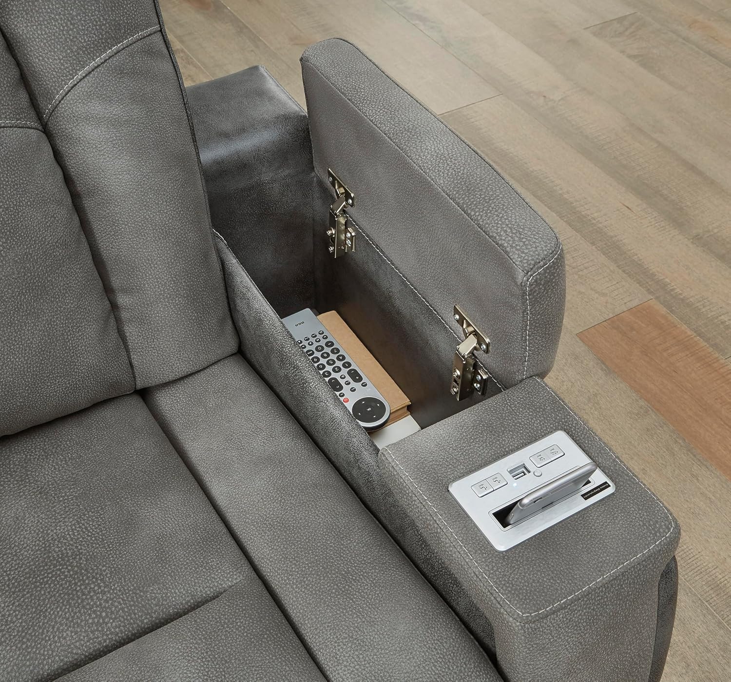 Signature Design by Ashley Next-Gen DuraPella Power Recliner with Adjustable Headrest, Storage Armrests, Wireless & USB Charging, Faux Leather, 2-Tone Gray