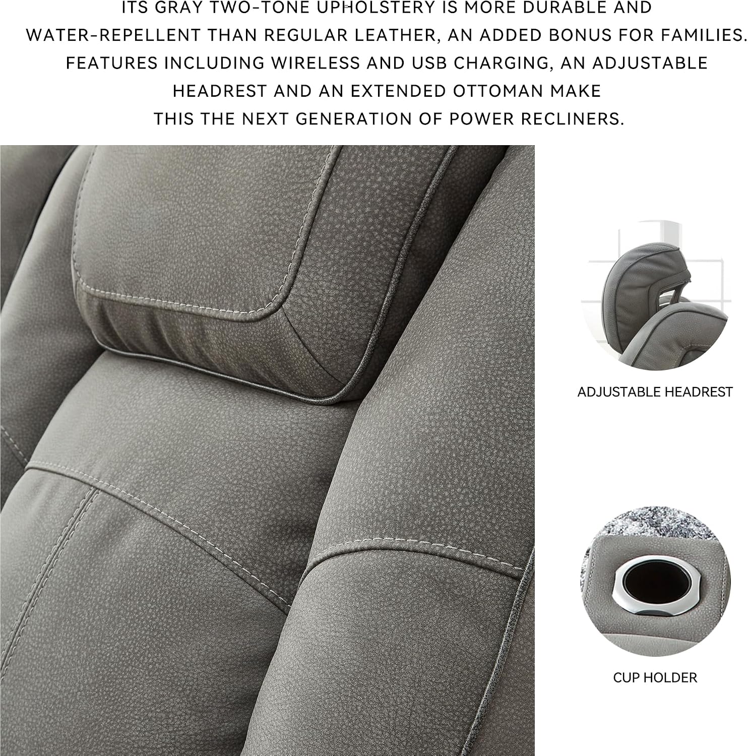Signature Design by Ashley Next-Gen DuraPella Power Recliner with Adjustable Headrest, Storage Armrests, Wireless & USB Charging, Faux Leather, 2-Tone Gray